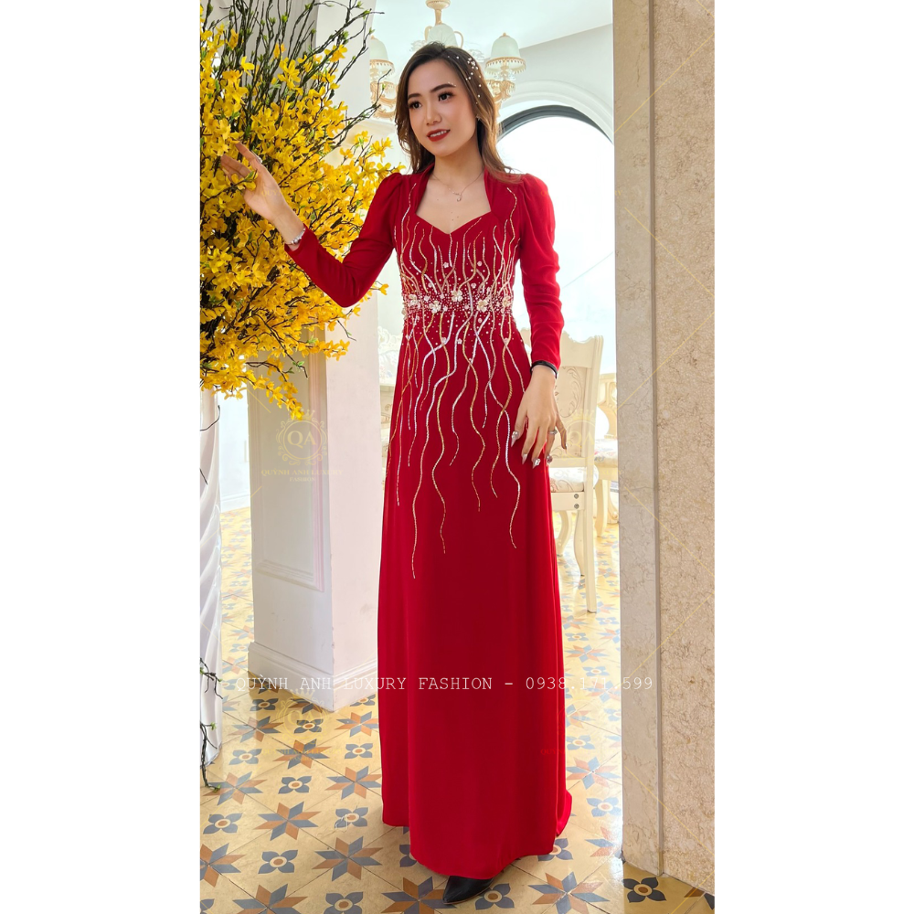 Áo Dài Dạ Hội Cổ Nữ Hoàng Đỏ Tay Dài Đính Đá Cao Cấp Hera Dress