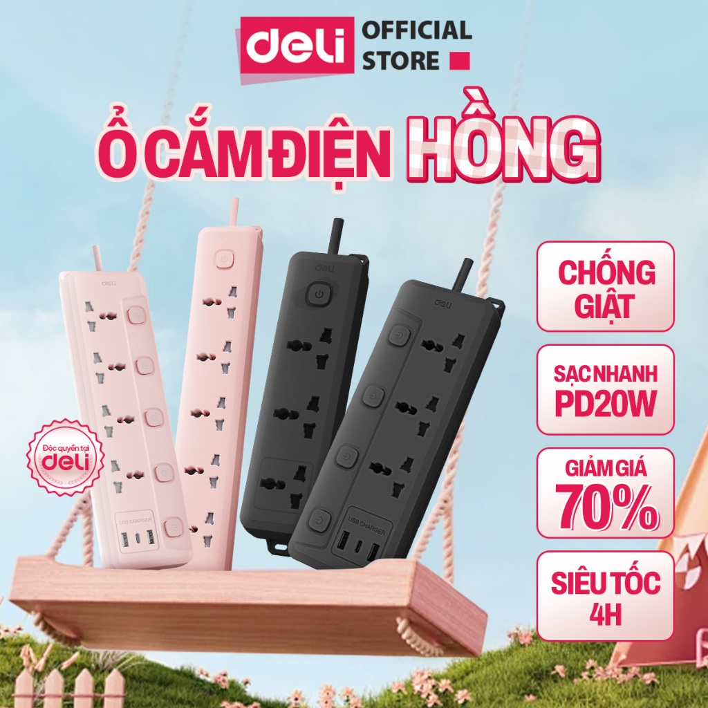 [MẪU MỚI] Ổ Cắm Điện Deli Ổ ĐIện Đa Năng Chống Cháy Nổ 2500W Cổng Sạc USB/ TypeC Thông Minh Nhiều Màu Lựa Chọn