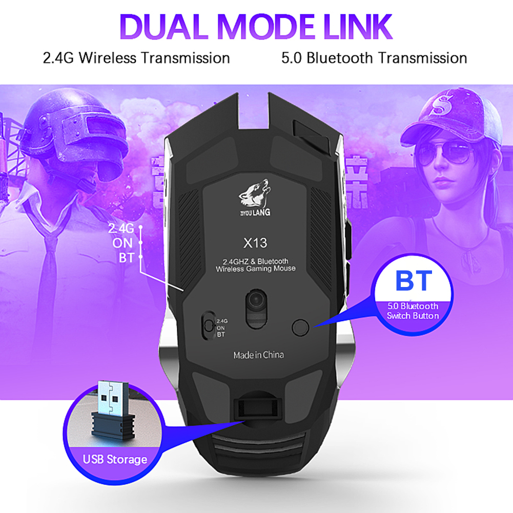 ZIYOU LANG X13 Chuột Chơi Game Không Dây 2.4G Bluetooth 5.0 2400DPI Chuột Có Thể Sạc Qua USB Cho Máy Tính Windows - MÀU NGẪU NHIÊN - Hàng chính hãng