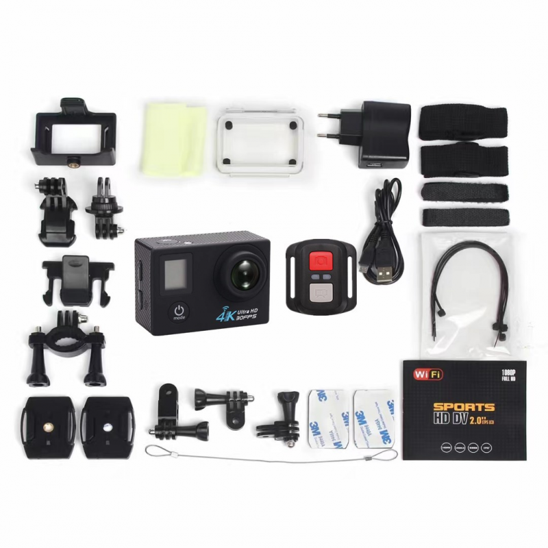 Camera thể thao 4K HD DV 30M Lặn máy ảnh màn hình kép trên không với điều khiển từ xa WiFi Máy ảnh hành động chống thấm nước cho xe đạp mũ bảo hiểm