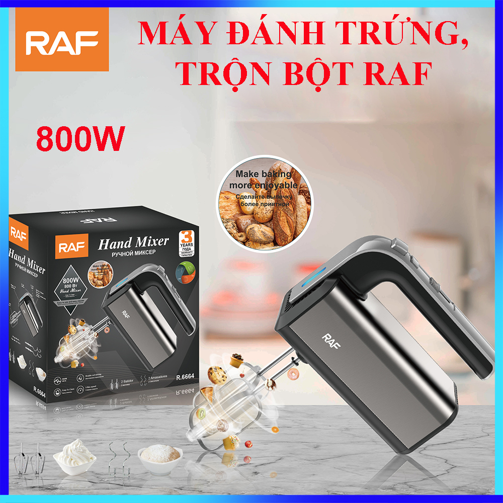 Máy đánh trứng cầm tay RAF Turbo 800W, 5 tốc độ cực mạnh trộn bột làm bánh, vỏ inox bền đẹp - Hàng chính hãng