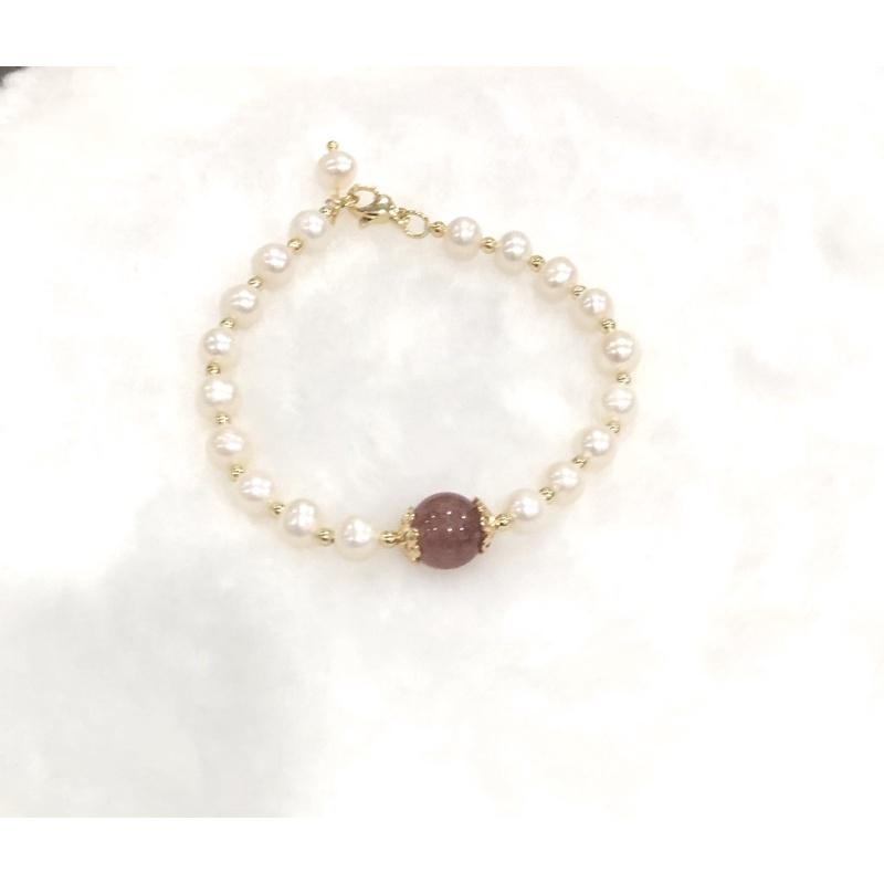Vòng Tay, Lắc Tay Hạt Ngọc Trai Thật Nước Ngọt Titan Mix Đá Hồng Dâu - Trường Thịnh Ngọc Trai