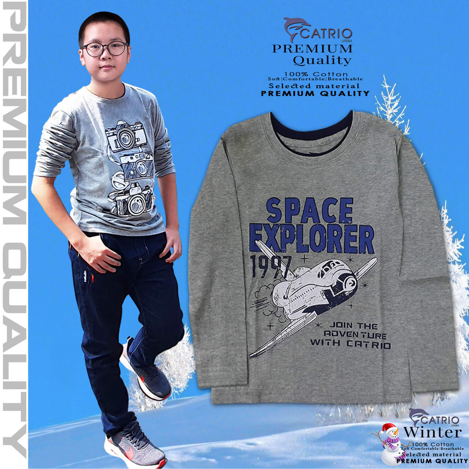 ÁO THUN DÀI TAY BÉ TRAI CATRIO HÌNH SPACE MÀU XÁM là áo phông trẻ em từ 5 tuổi 6 tuổi 7 tuổi  vải 100% cotton an toàn, thuộc BST quần áo trẻ em mùa thu đông CATRIO + quần dài, quần bò thành bộ đồ thu đông bé trai đẹp
