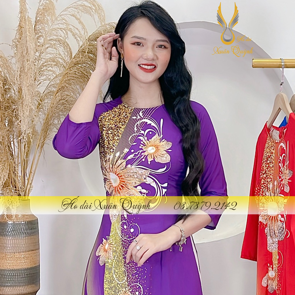 Áo Dài Hoa Kim Cương Phối Dải Chấm Bi Sang Trọng, Lụa Habutai Cao Cấp K97 Tím Huế