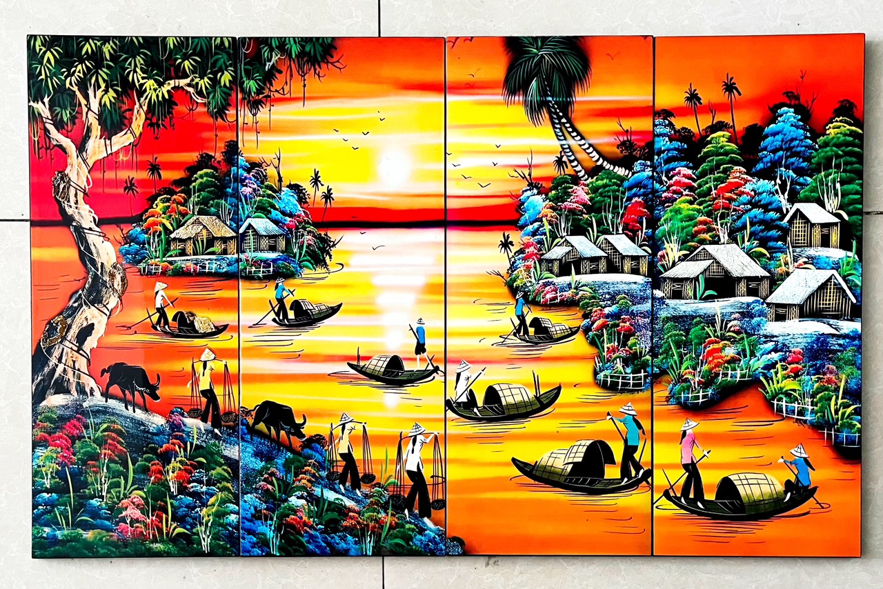 Bộ Tranh sơn mài 4 tấm - ĐỒNG QUÊ / PHỐ CỔ VIỆT NAM - Size 50x80 cm / 60x120 cm
