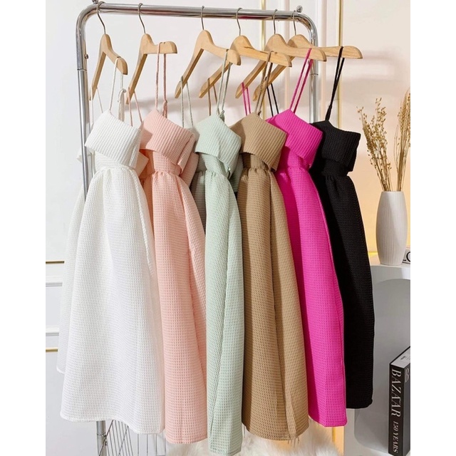 Váy babydoll hai dây xốp buộc nơ lưng nhiều màu đi biển - Đầm babydoll dáng ngắn freesize cột nơ chun lưng xinh xắn