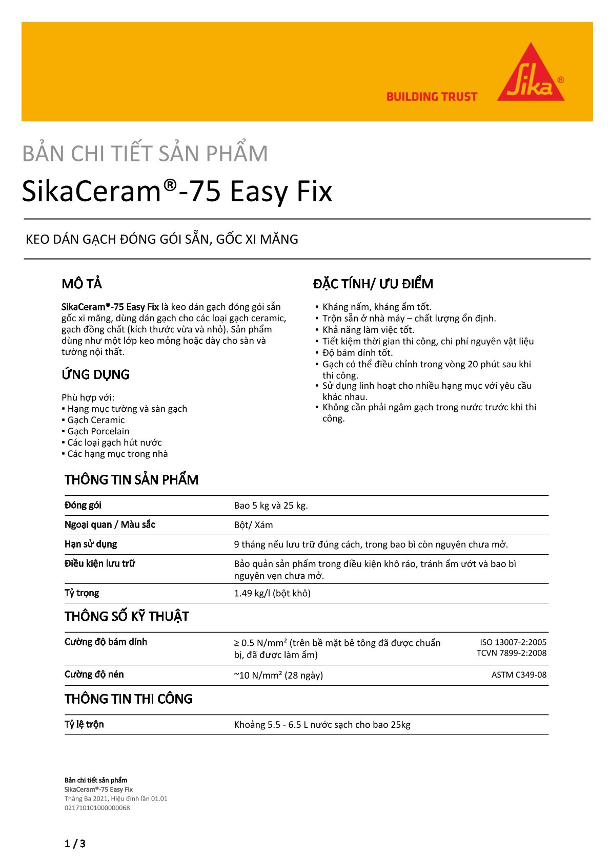 SikaCeram 75 Easy Fix – Keo dán gạch bám dính tốt, chống nấm, kháng ẩm, dùng cho sàn và tường nội thất - 25kg