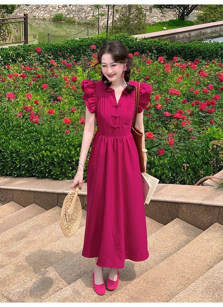 SHUANGYAN Phong cách Pháp phục cổ màu đỏ Tiểu Phi tay áo đầm nữ mùa hè thu eo lộ ra gầy chữ A váy đầm khí chất cao cấp cảm giác váy dài