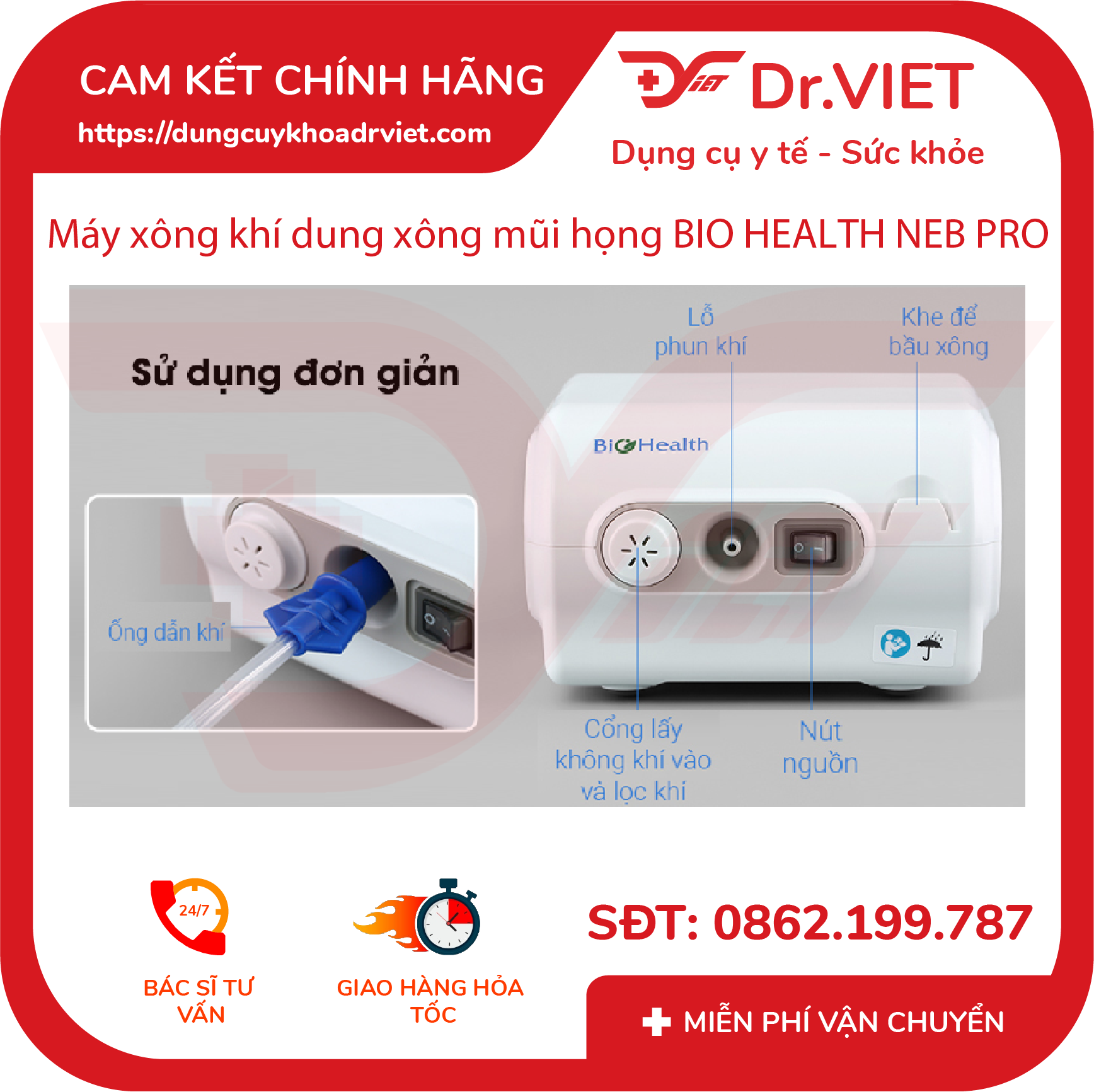 Máy xông khí dung BioHealth NEBPRO (dùng cho mọi đối tượng, sử dụng đơn giản, dễ chịu cho đường thở, dễ dàng mang khí đưa đến phổi) - DrViet