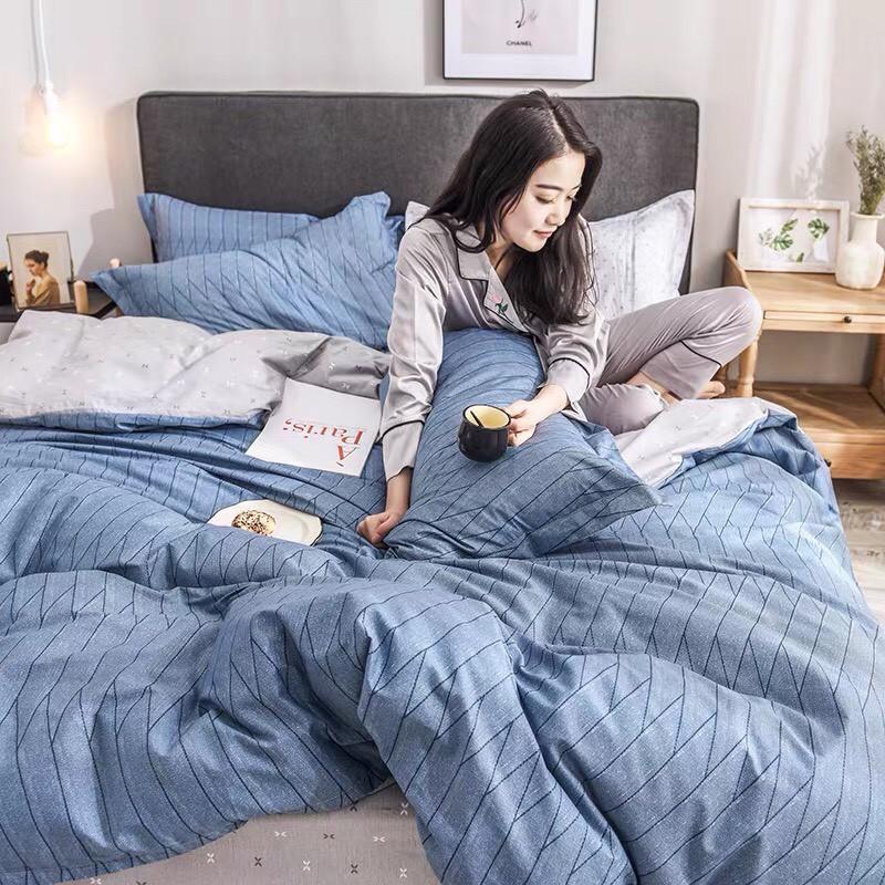Bộ chăn ga Cotton Poly kẻ chéo xanh lạ mắt - Hàng nhập khẩu