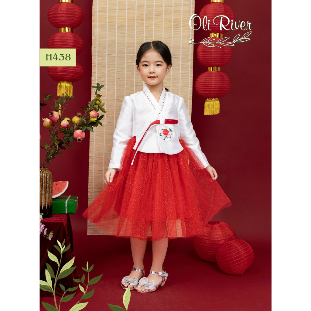 Đầm công chúa hanbok hoa cho bé gái màu đỏ diện tết đẹp size 12-40kg hàng Thiết kế