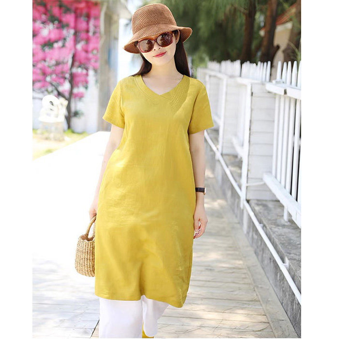 Sét Đầm Suông Linen ngắn tay cồ tim kèm Quần ống rộng ArcticHunter