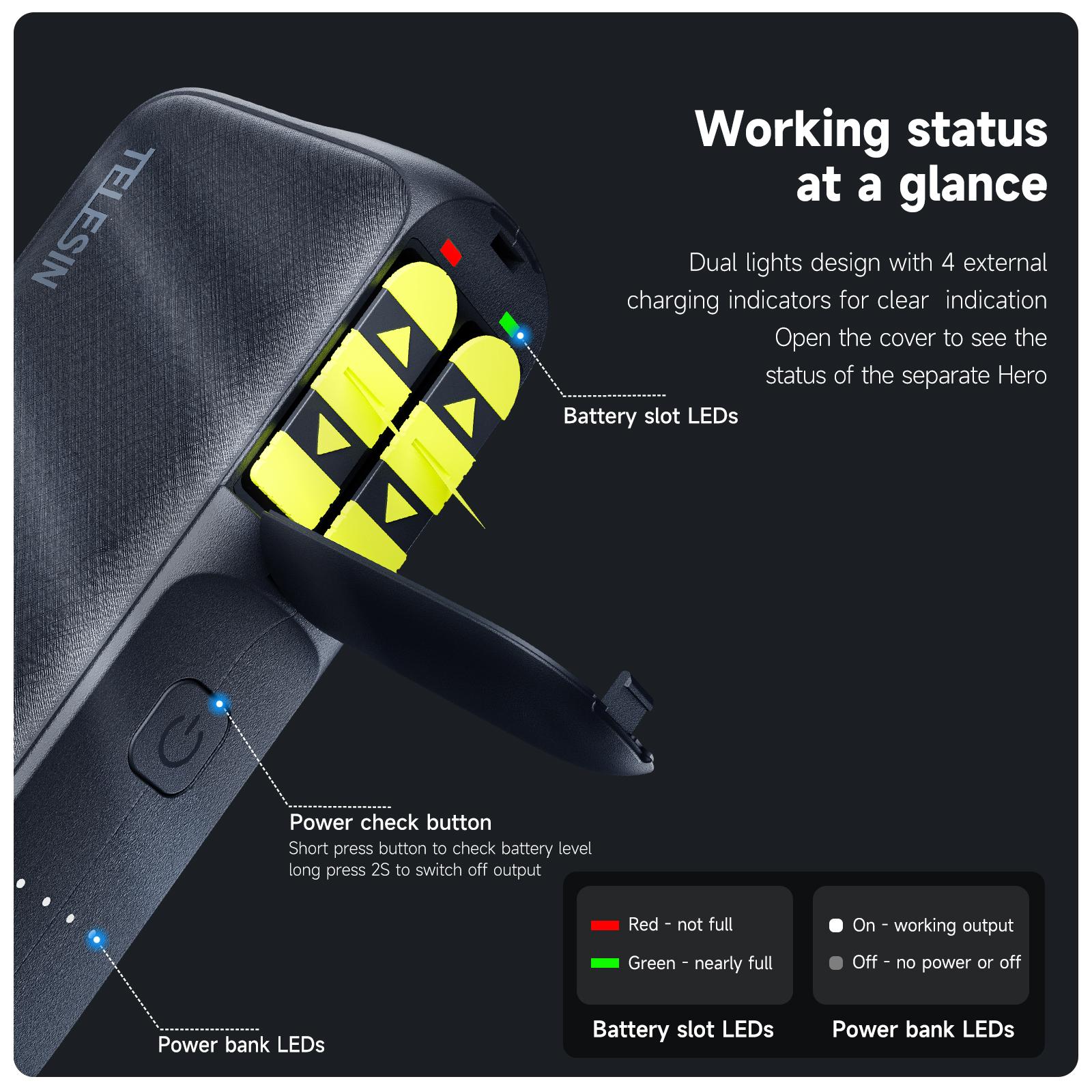 Ngân hàng điện mạnh mẽ của Telesin 10000mah cho GoPro11 Hero 11 10 9 cho GoPro 8 7 6 5 Sạc nhanh pin bên ngoài PowerBank