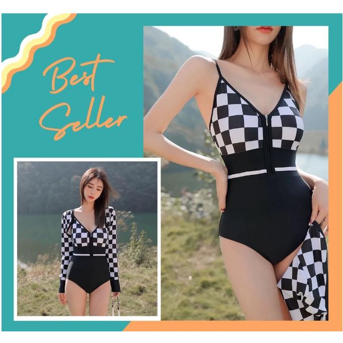 Bikini, Đồ Bơi Đi Biển Liền Mảnh Caro Trắng Đen Kèm Áo Choàng