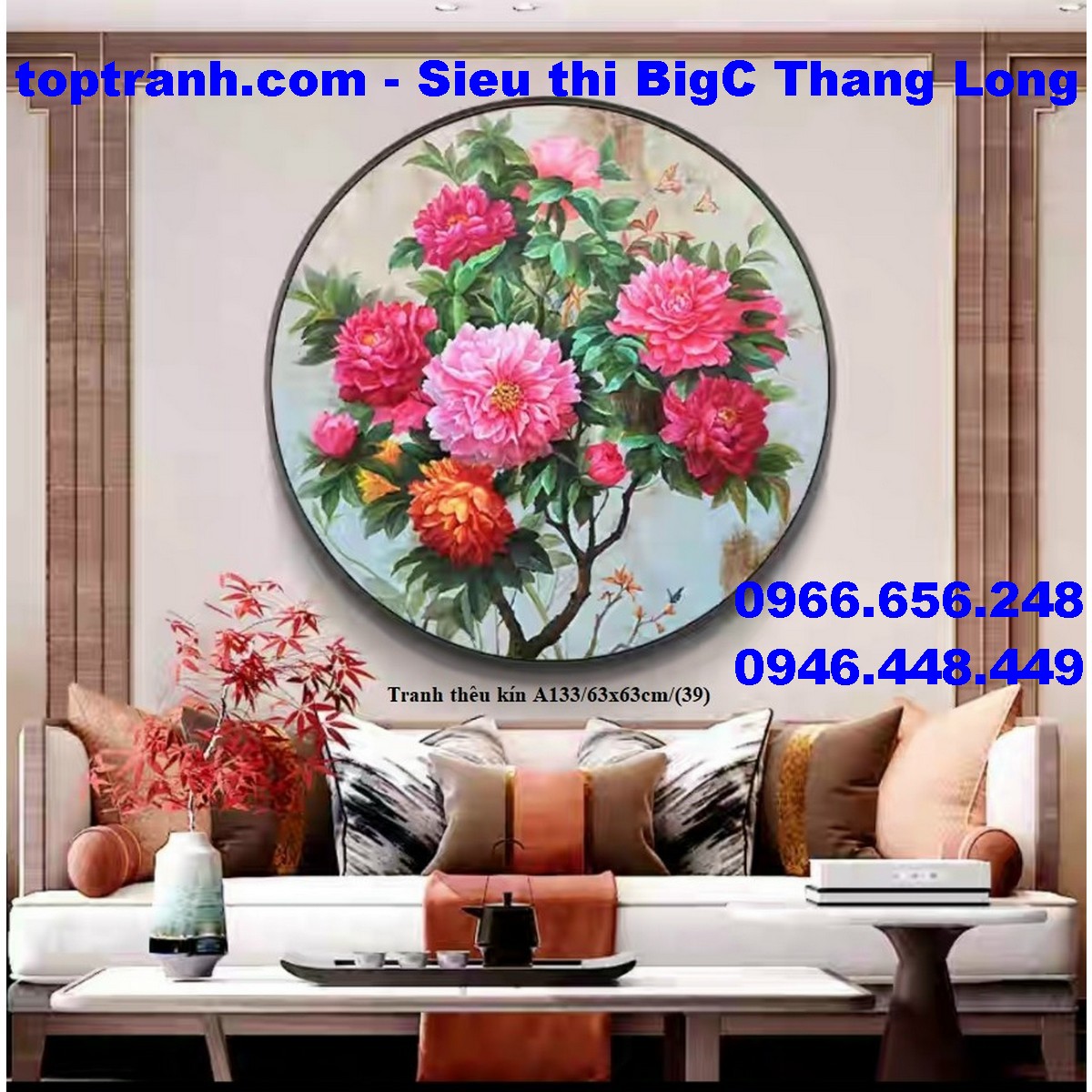 Tranh thêu chữ thập cành hoa mẫu đơn nhỏ khoe sắc A133 chưa thêu