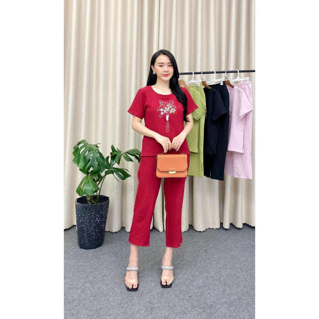 Set đồ bộ trung niên áo tay ngắn và quần lửng vải đũi linen cao cấp - HMN Fashion