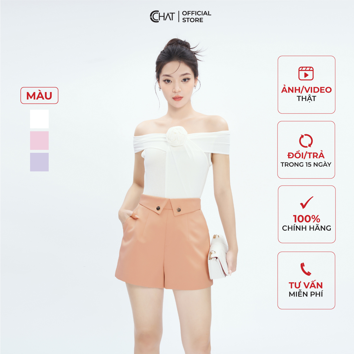 Áo Thun Kiểu Trễ Vai Cài Hoa Dáng Ôm Chất Vải Mềm Mịn Co Giãn 4 Chiều 13TNC8001OT
