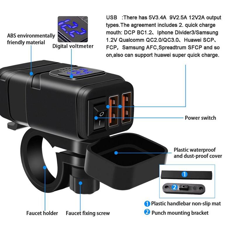 Bộ sạc gắn trên xe máy Bộ chuyển đổi USB không thấm nước Điện thoại 12V Sạc nhanh 3.0 Vôn kế Công tắc đa năng Phụ kiện Moto