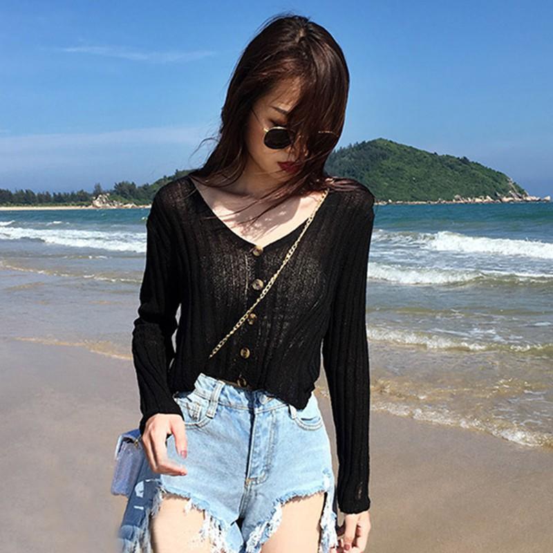 Áo Cardigan dệt kim mỏng tay dài cổ chữ V chống nắng