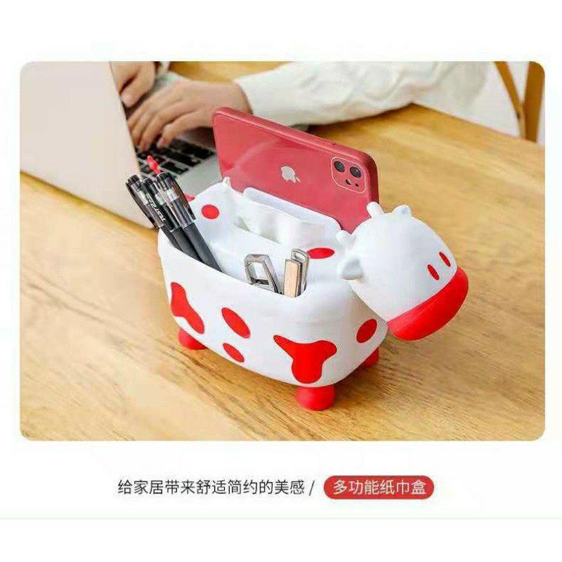 HỘP ĐỰNG KHĂN GIẤY ĐỂ BÀN HÌNH CON BÒ SỮA 2IN1# KIÊM ĐỂ TĂM RẤT TIỆN LỢI#