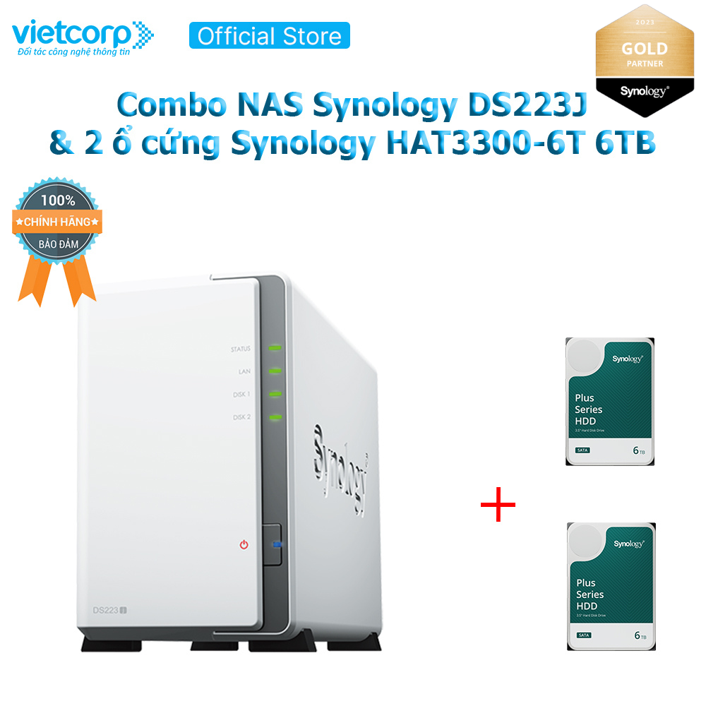 Combo Thiết bị lưu trữ NAS Synology DS223j và 2 ổ cứng HDD cho NAS Synology HAT3300-6T Hàng Chính Hãng