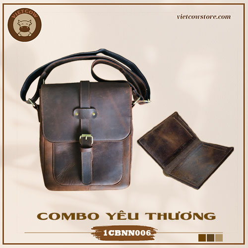 Combo Yêu Thương - Túi Đeo Chéo Và Ví Nam Da Bò Sáp Wax, Túi Đeo Chéo Và Ví Nam Da Bò Thời Trang_VietCow_1CBNN006 (Màu Nâu)