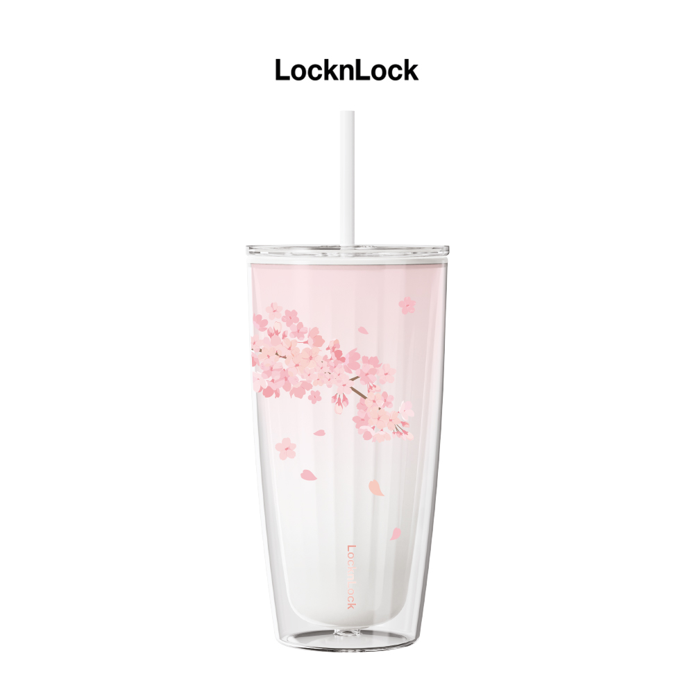 Ly nhựa 2 lớp Lock&amp;Lock màu trắng anh đào HAP522WHT 750ml - Hàng chính hãng, có ống hút, có nắp đậy - JoyMall