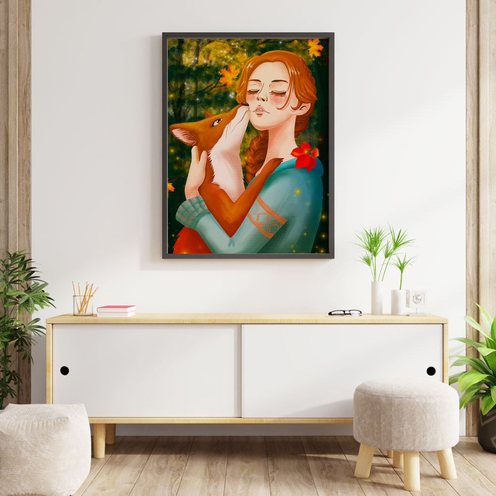 Tranh số hóa  - Nàng cáo đỏ đã căng khung 40x50cm 28 màu