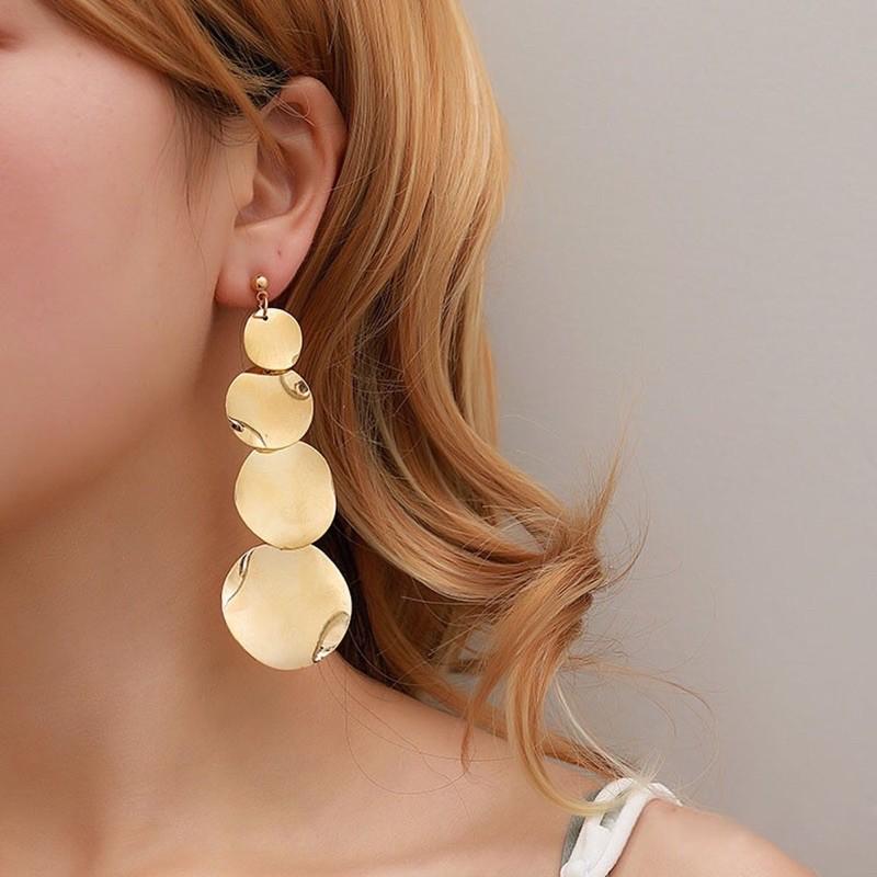 Bông tai dự tiệc dài bản tròn, khuyên tai