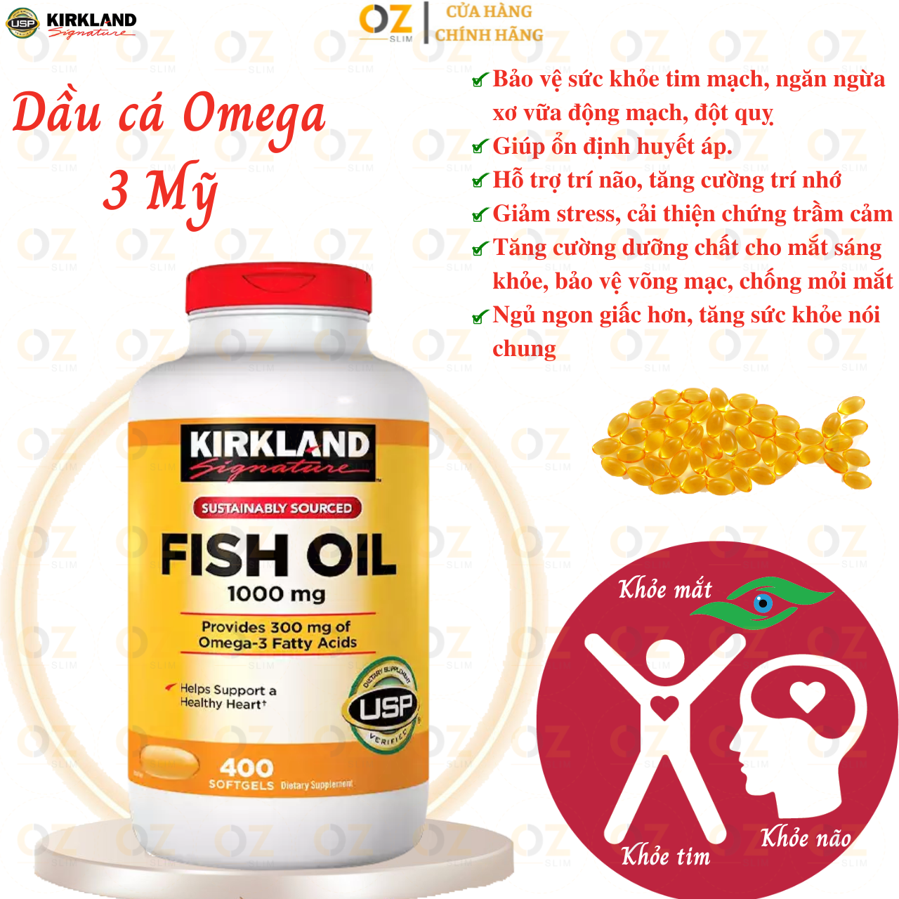 Omega 3 dầu cá Mỹ Kirkland Signature Fish Oil 1000mg Hỗ trợ sức khỏe não bộ, hệ thần kinh, Tim mạch, Khớp, Bổ mắt, Làm đẹp da - OZ Slim Store