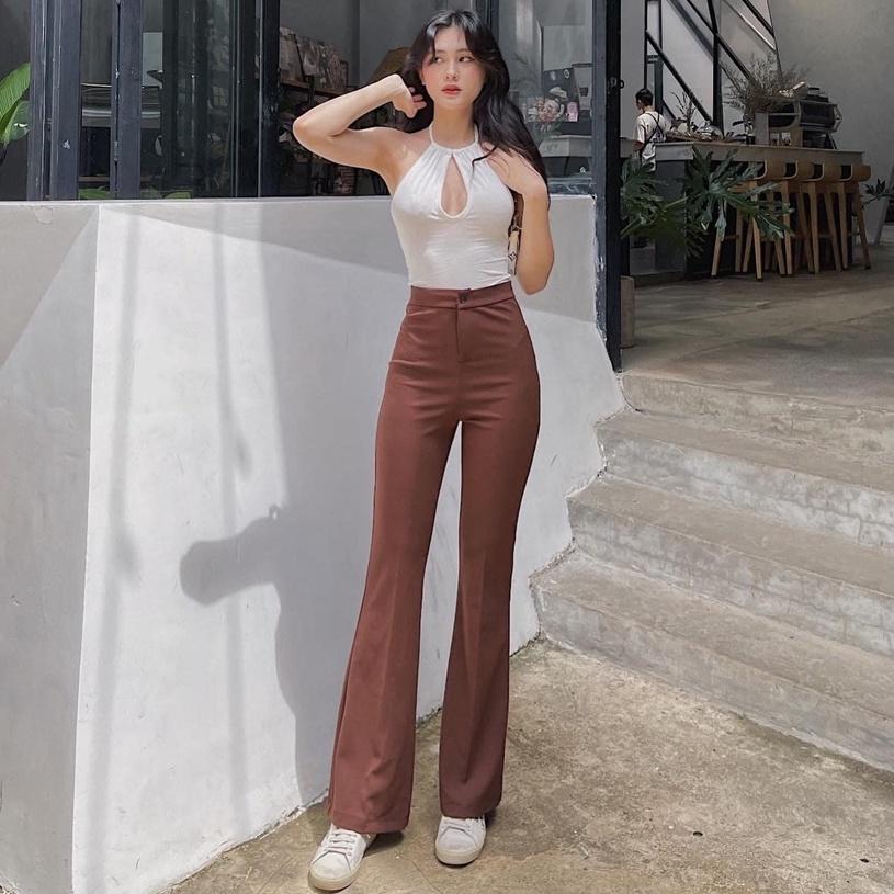 Quần ống loe cạp cao vải co giãn nhẹ tôn dáng kéo dài chân D'Lily Store