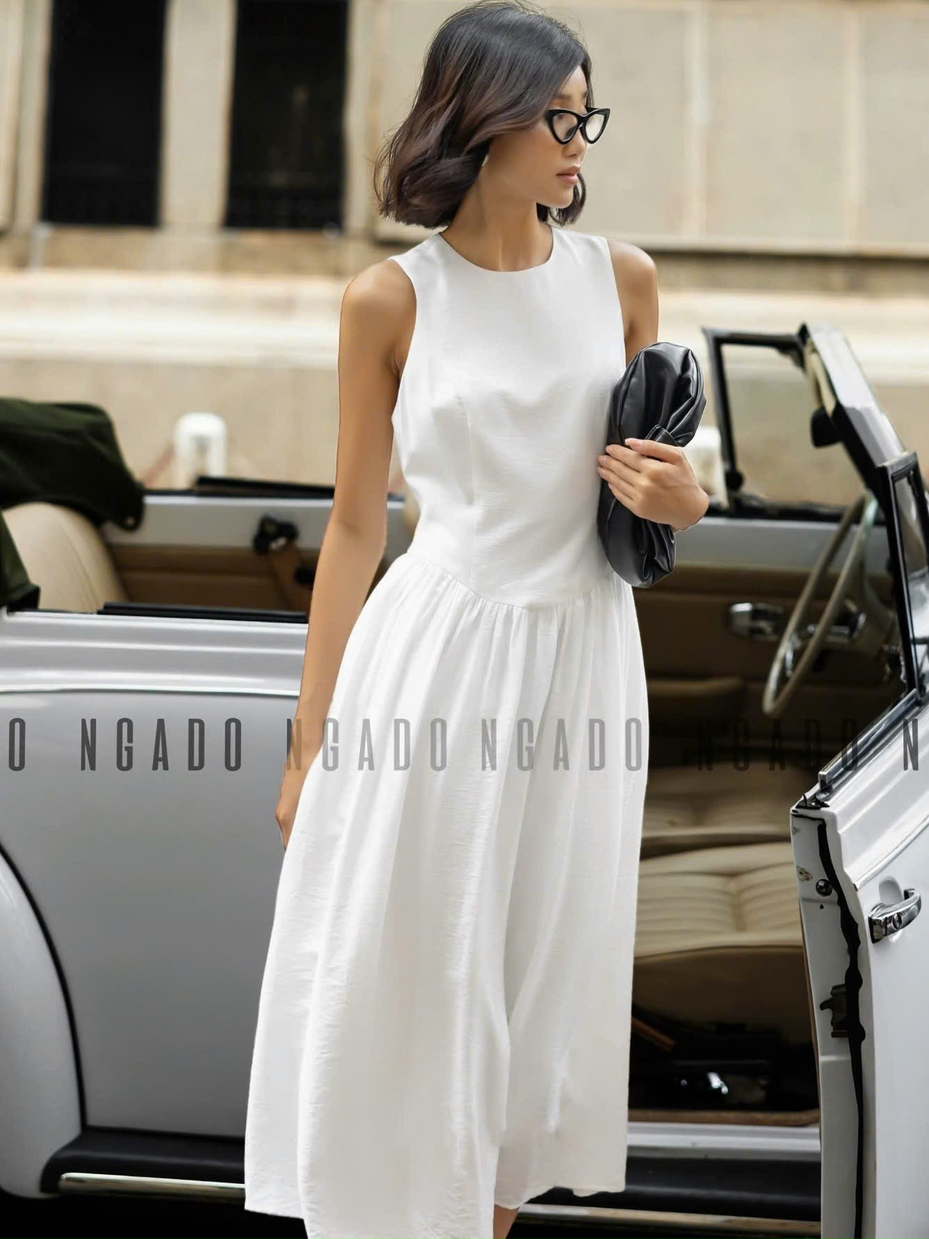 Đầm trắng xoè cổ tròn sát nách NGADO , đầm nữ , Đầm xòe nữ sát nách