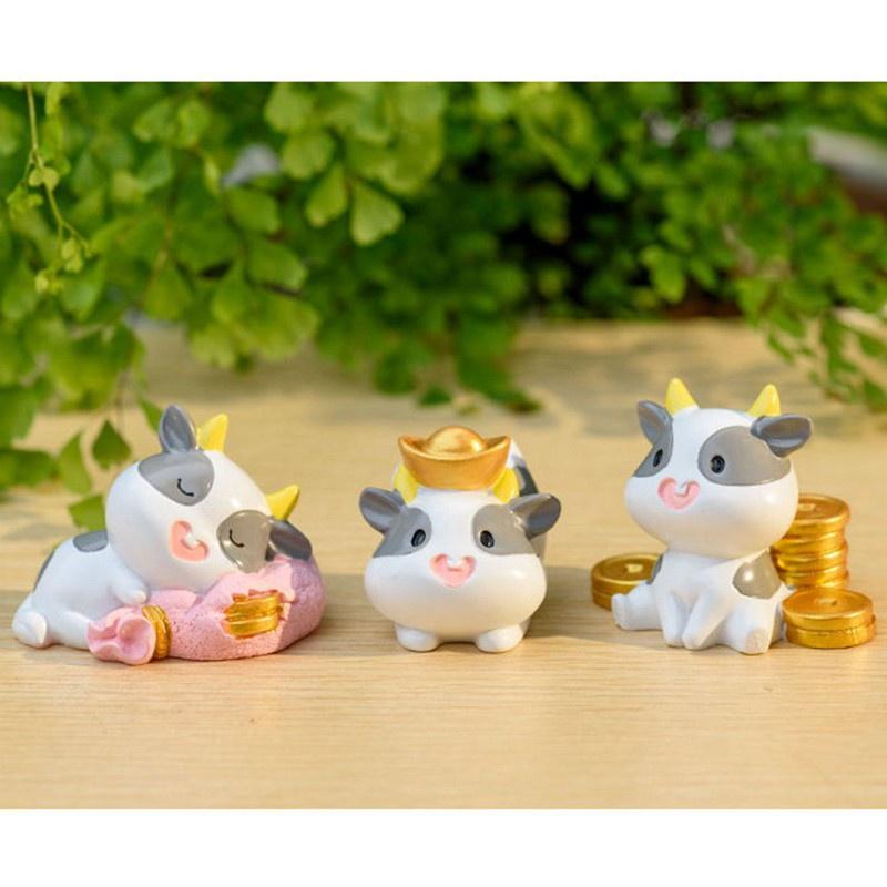 4Pc Year of the Ox Figures Cute Cow Resin Miniature Ornament Wealth Luck Yuan Bao Fairy Garden Mini Landscape Ornaments