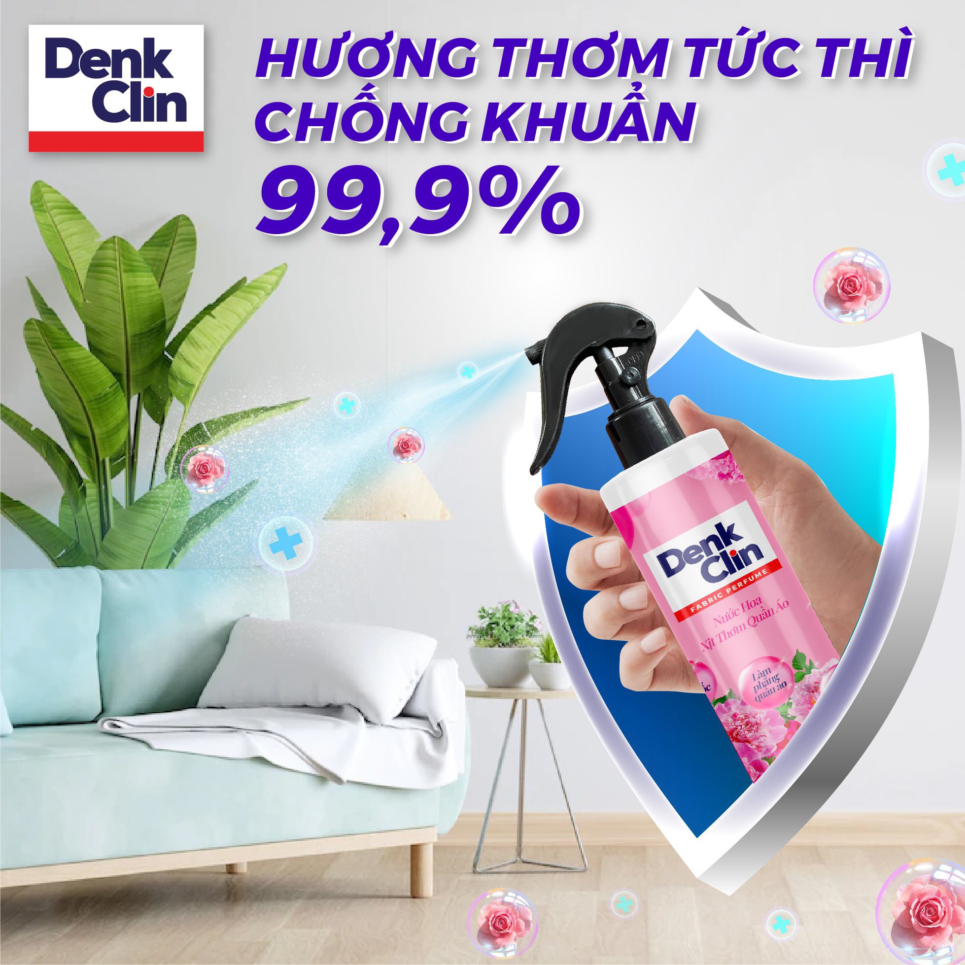 Xả vải khô nước hoa xịt thơm quần áo Denkclin 200ml lưu hương 48h làm mềm vải diệt khuẩn 99.9%