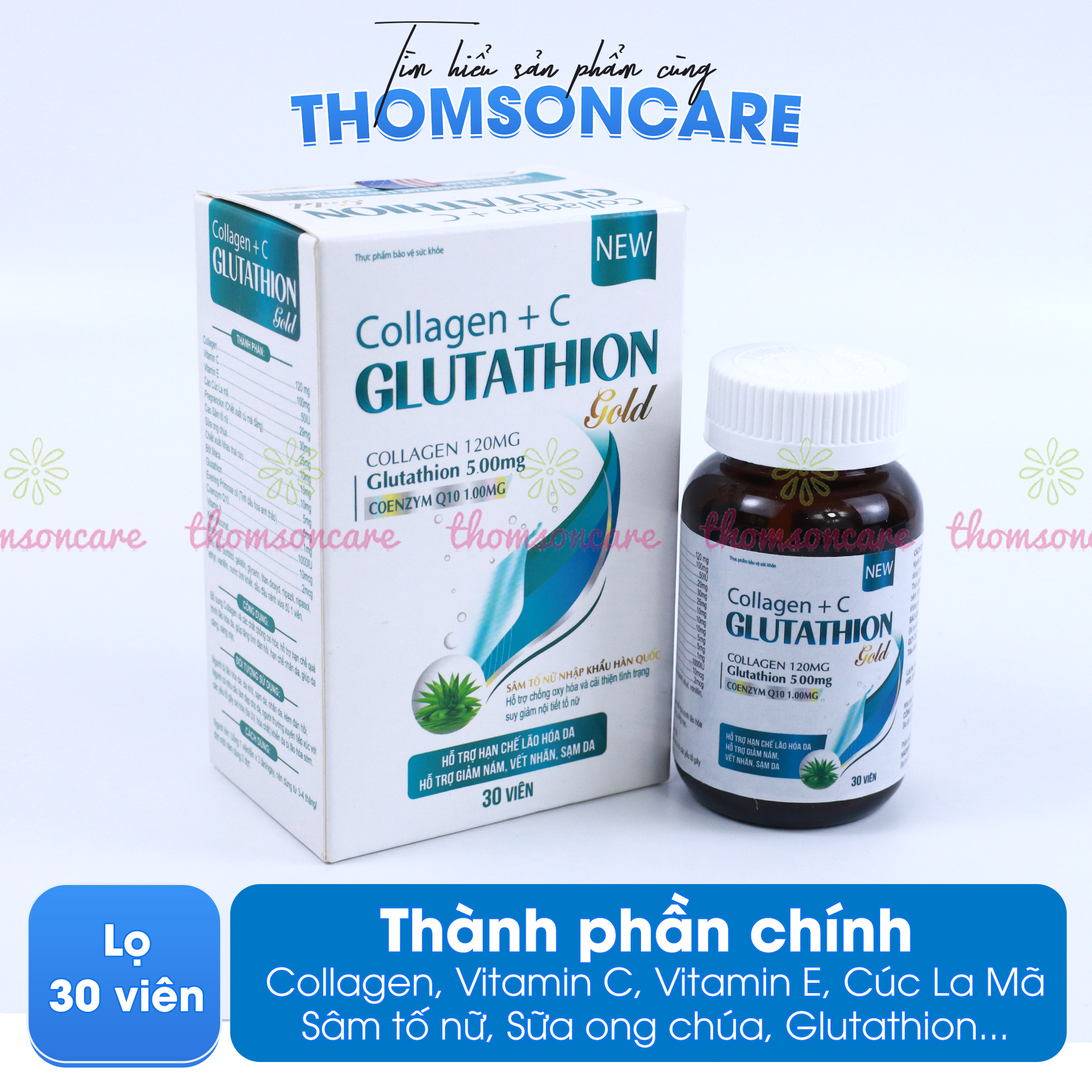 Combo viên uống trắng da Lcystine 60v, Glutathion 30v -Giúp cải thiện suy giảm nội tiết tố, tóc chắc khỏe , giảm lão hóa giúp da căng mịn, Bổ sung collagen và chất chống Oxy hóa - Thomsoncare