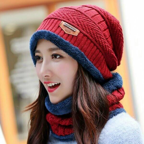 Set mũ len kèm khăn lót lông 2 in 1 siêu ấm áp cho mùa đông nam và nữ - 39Mix55