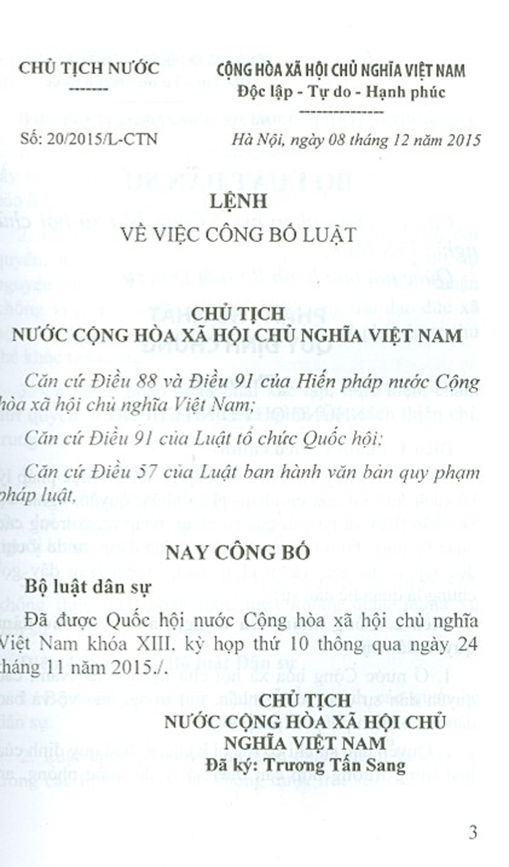 Bộ Luật Dân Sự Nước Cộng Hòa Xã Hội Chủ Nghĩa Việt Nam (Có Hiệu Lực Thi Hành Từ Ngày 01/01/2017)