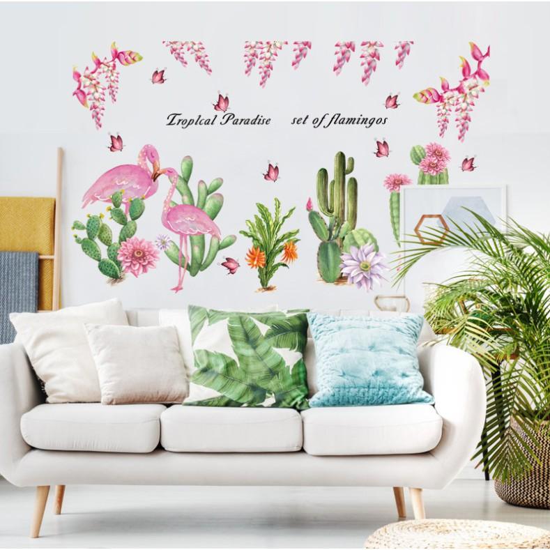 Decal dán tường trang trí - HỒNG HẠC HOA XƯƠNG RỒNG SẮC NÉT