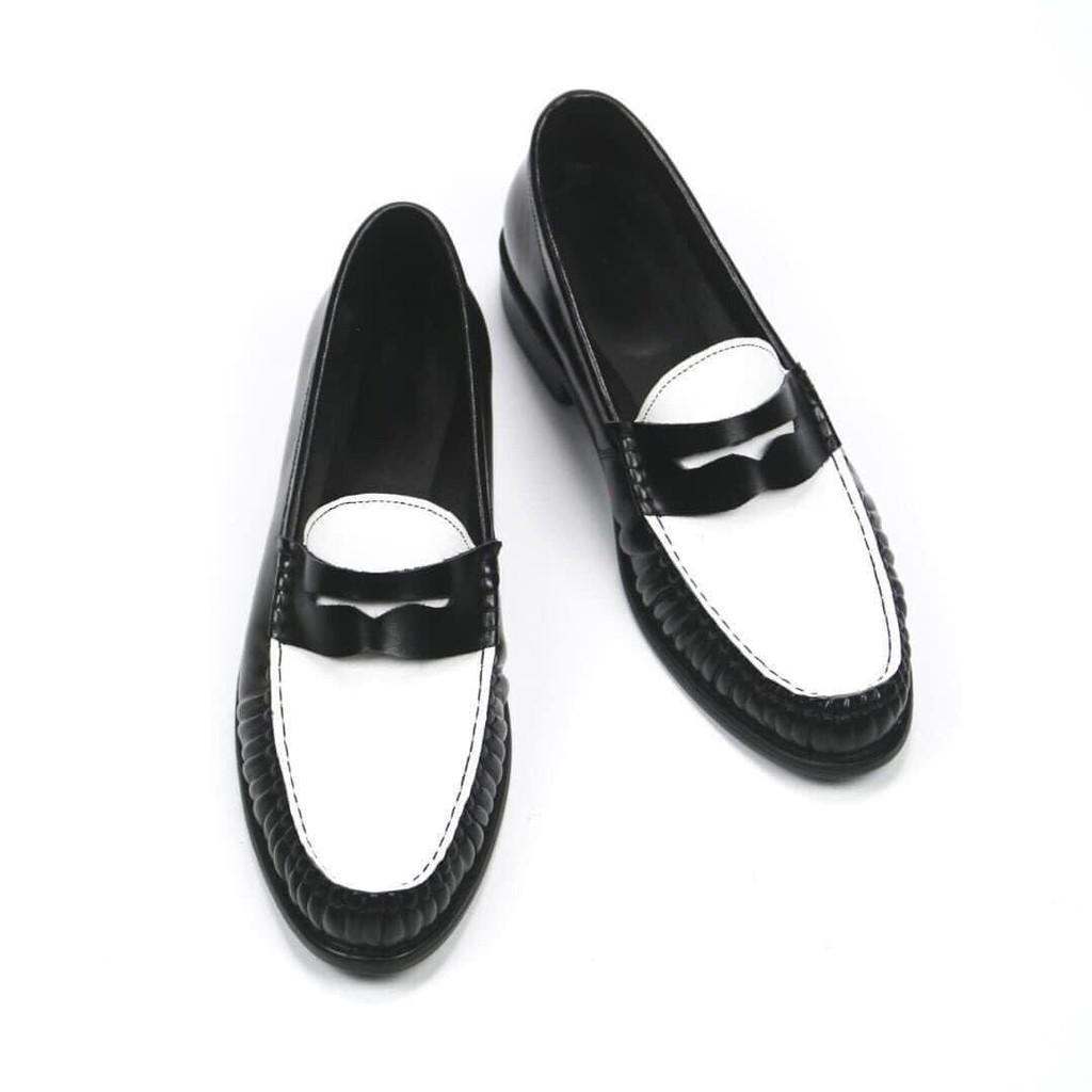 Penny Loafer Black White, giày lười nam da thật đế phíp