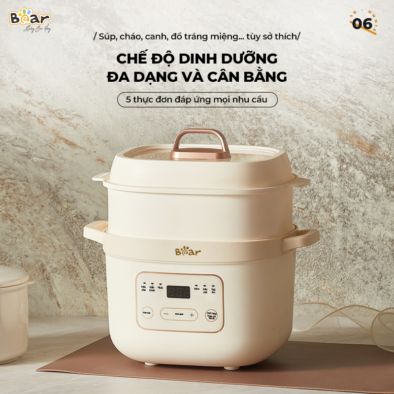 Nồi Nấu Chậm Bear 1,6L Đa Năng 6 Chế Độ Ninh Nấu Hầm Hấp Tiết Kiệm Thời Gian Giữ Trọn Chất Dinh Dưỡng - SB-NNC16 Hàng chính hãng