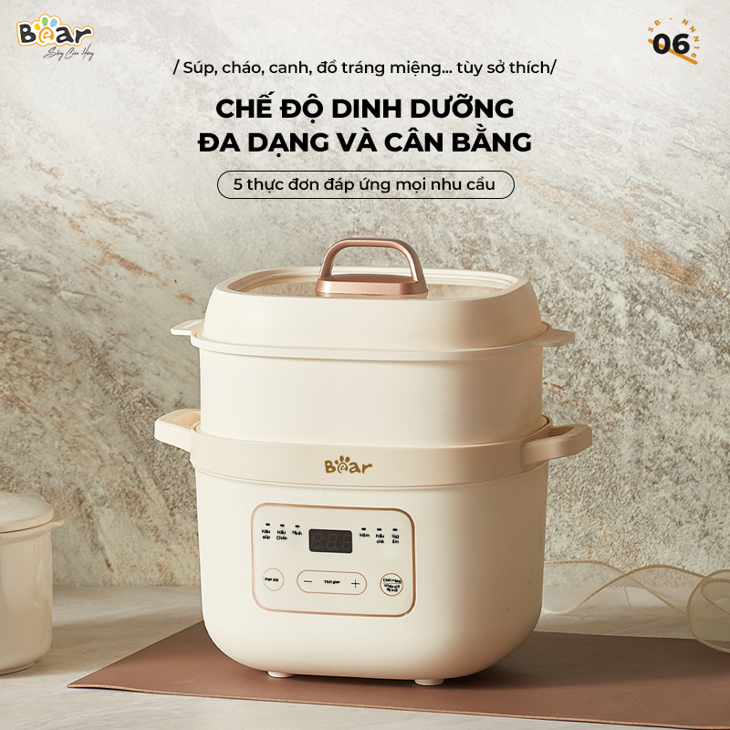 Nồi Nấu Chậm Bear 1,6L Đa Năng 6 Chế Độ Ninh Nấu Hầm Hấp Tiết Kiệm Thời Gian Giữ Trọn Chất Dinh Dưỡng -  SB-NNC16 Hàng chính hãng