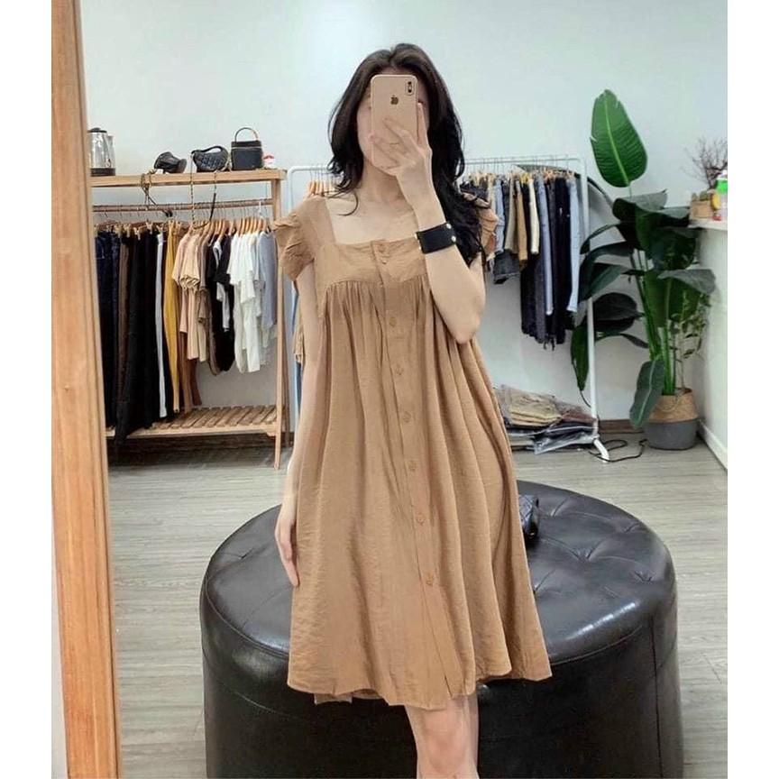 Đầm suông chất đũi tay cánh tiên váy dáng dài đính cúc xếp ly form rộng