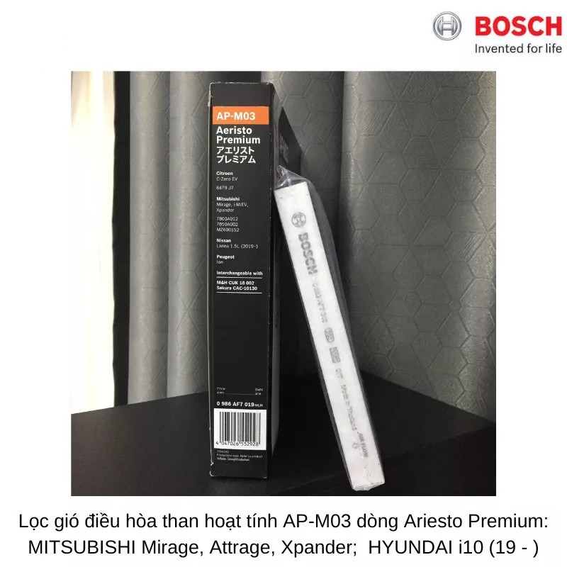 Lọc gió điều hòa than hoạt tính BOSCH AP-M03 Dòng Xe Ariesto Premium: MITSUBISHI Mirage, Xpander; HYUNDAI i10