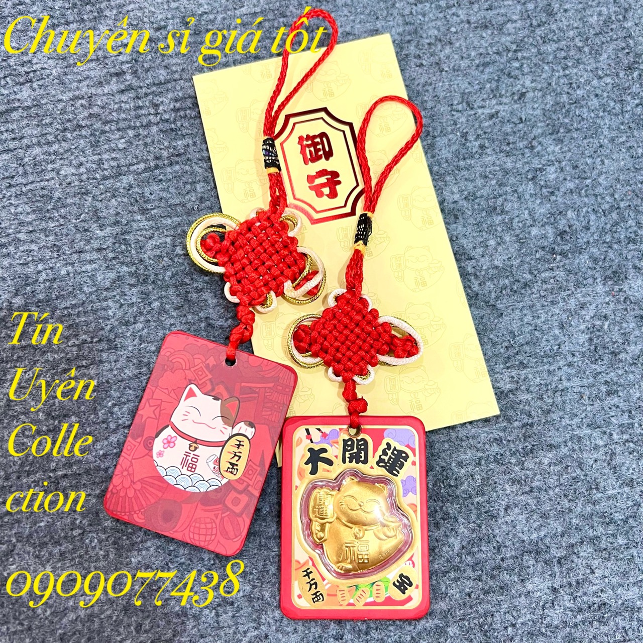 Dây Treo Mèo Thần Tài Vàng Đại Cát Đại Lợi kèm bao lì xì vàng trang trọng treo lấy may, làm quà tặng, Lì Xì Tết độc đáo