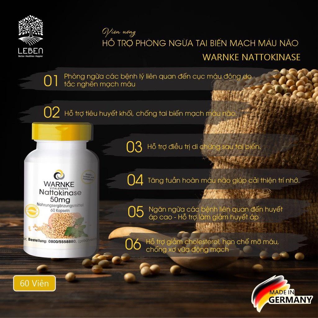 Viên Uống Phòng Chống, Ngăn Ngừa Đột Quỵ, Tai Biến MẠch Máu Não Warnke Nattokinase, Nhập Đức, 60 Viên