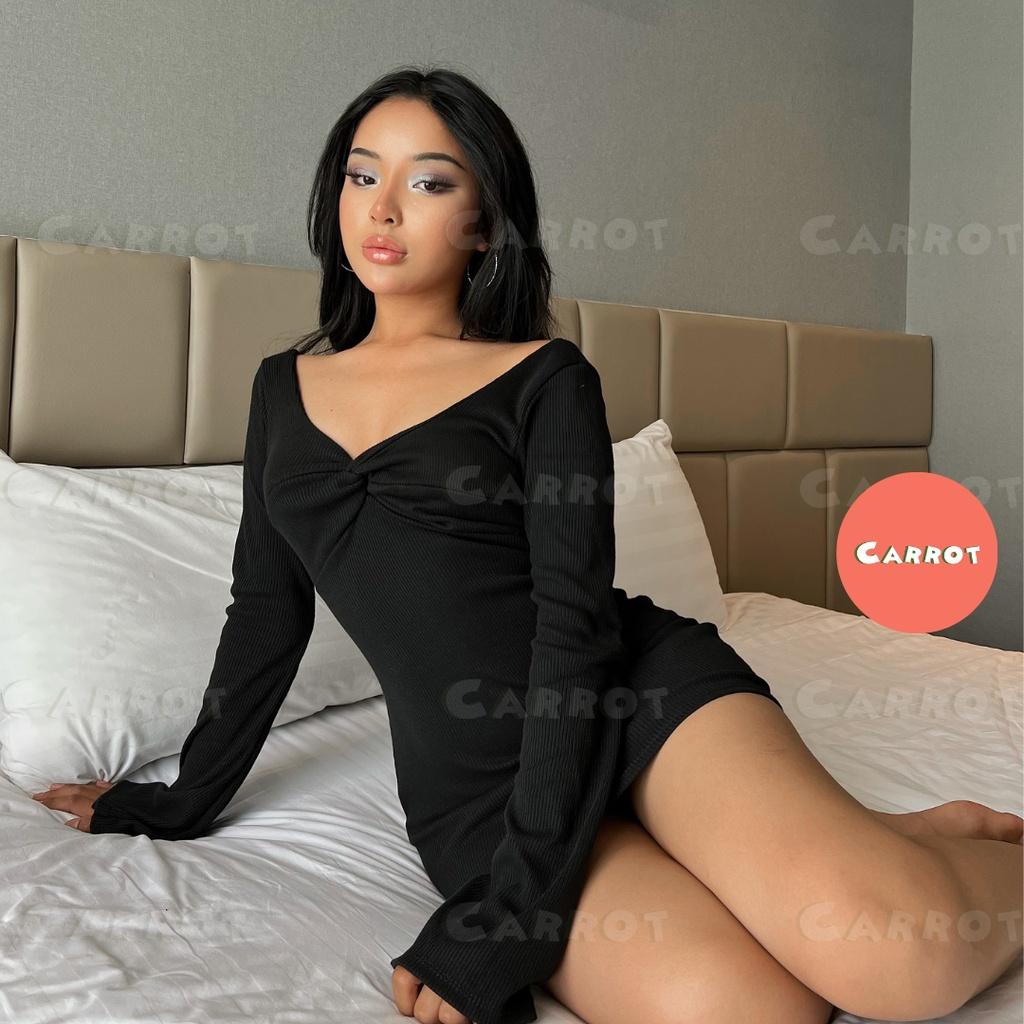 Đầm body sexy tay dài dự tiệc váy dáng ôm khoét ngực soắn ngực chất thun co giãn tốt freesize carrotxinhdep (38)