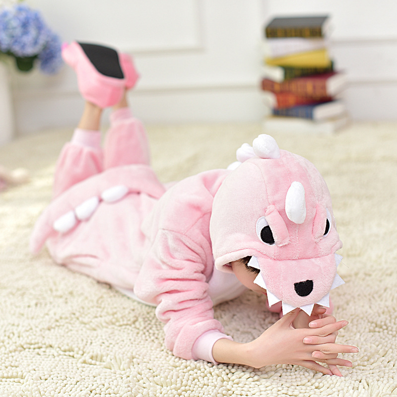 Bộ Đồ thú khủng long hồng liền thân lông mịn Pijama dành Cho Người Lớn và Trẻ Em kiểu dáng Động Vật Hoạt Hình Cosplay