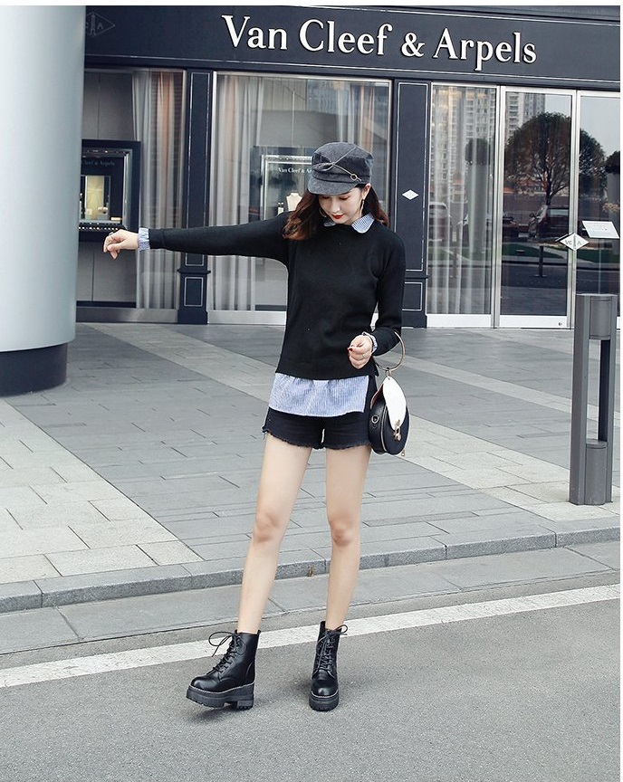 Giày combat boot, boots nữ, bốt ulzzang, bốt nữ cột dây đế viền chỉ cổ lửng cá tính S022