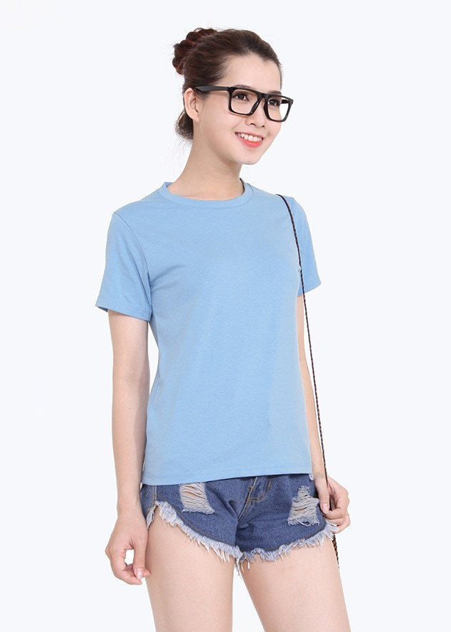 Áo Thun Nữ Trơn Cổ Tròn Màu Xanh Biển