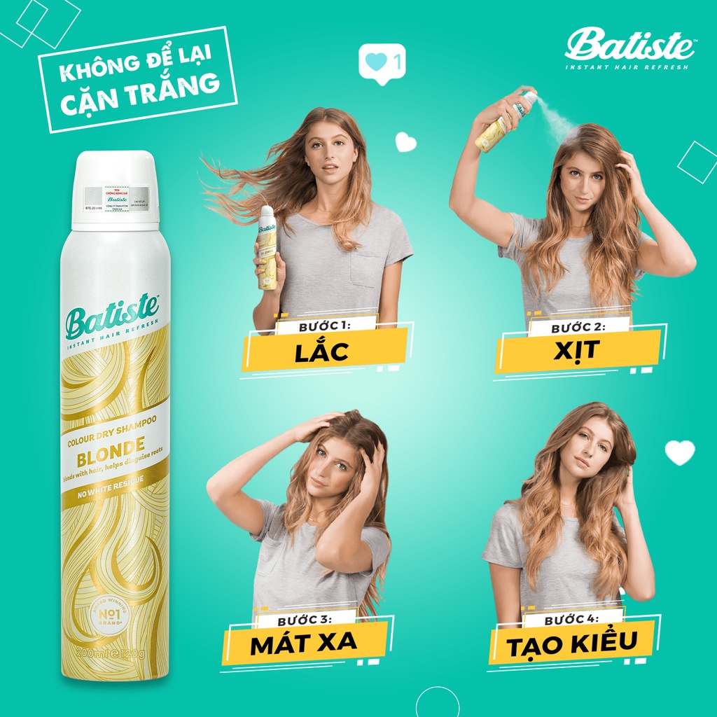 Dầu Gội Khô Dành Cho Tóc Vàng, Tóc Sáng Màu - Batiste Colour Dry Shampoo BLONDE 200ml